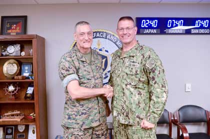 Maj. Gen. David Coffman, director, Expeditionary Warfare in the Office of the Chief of Naval Operations (OPNAV N95), left, shakes hands with Rear Adm. Dave Welch, commander, Naval Surface and Mine Warfighting Development Center (SMWDC), right, during a visit to SMWDC's headquarters. SMWDC is one of the Navy's five Warfighting Development Centers and its mission is to increase the lethality and tactical proficiency of the Surface Force across all domains. U.S. Navy photo by Clinton Beaird
