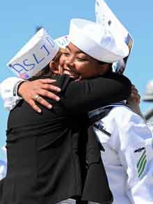 Sailors aboard the amphibious assault ship USS America (LHA 6), reunite with their family during the ship’s homecoming ceremony at Naval Base San Diego, Sept. 25, marking the end of its six-year forward deployment to Sasebo, Japan and the U.S. 7th Fleet area of operations. With a crew of over 1,200 Sailors and capable of deploying over 1,600 Marines, the America delivers a self-contained, mobile crisis response force, ranging from combat operations to humanitarian aid and disaster response. (U.S. Navy photo by Mass Communication Specialist 2nd Class Madysson A. Ritter)